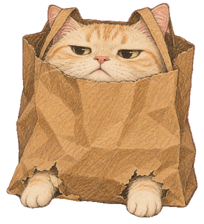 Bagcat, a grumpy orange-and-white cat peering out of a crumpled brown paper delivery bag, paws poking through two torn holes